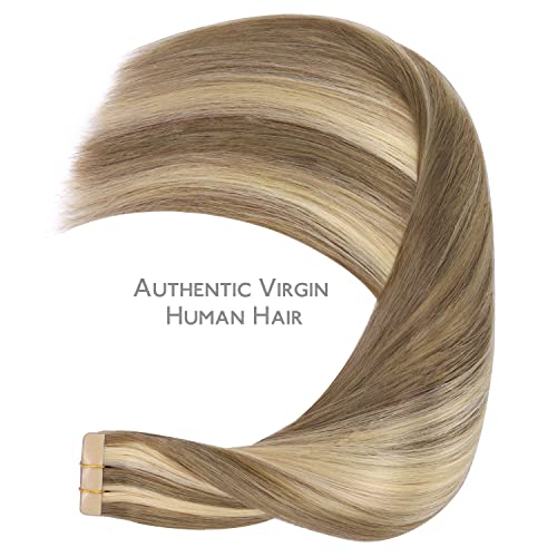 Image of WENNALIFE Tape in Hair Extensions Human Hair, 20pcs 50g 20 inch Ash Brown with Platinum Blonde Highlights Remy Hair Extensions Straight Human Hair Tape in Extensions Skin Weft Tape Extensions