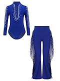 Agoky Jungen Langarm Klassischer Body Gymnastik Turn Leotard mit Strass + Lange Hose mit Fransen Modern Jazz Pants Zweiteiler Tanzbekleidung Blau 158-164