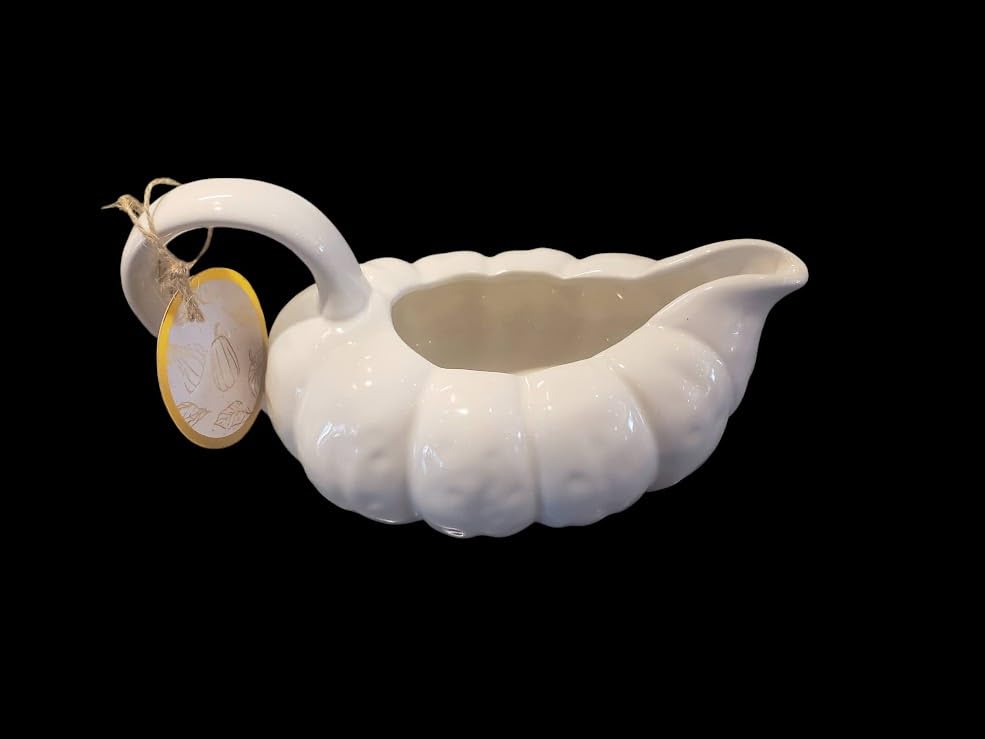 Ceramic Harvest Thanksgiving Ivory Pumpkin Squash Gravy Boat, 23 oz.