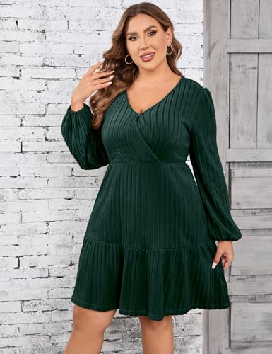 Image of Women's Plus Size Casual Sweater Dress Square Neck Long Lantern Sleeve Tie Waist Loose Pullover Sweater Dresses