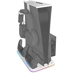 Ventilador Torre Con Control Remoto Mars Gaming MPS5-B, Soporte Multifunción para PS5, Iluminación RGB Neón Control, Ventilador Silencioso, Cargador Doble de Mandos LED, Almacenamiento de Juegos, Soporte para Auriculares, Blanco