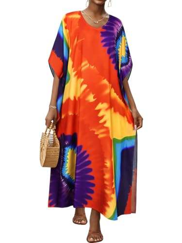 Image of Kaftan Dresses for Women V Neck Caftan Batwing Sleeve Swimsuit Cover Up | JILUVIN Plus Size Beach Swimwear Dress, Loose Fit Maxi Print Moomoo, Casual Mumu Nightgown Mrs Roper Costumes Vocation 2026