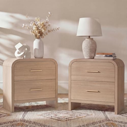 Image of EliteSet Night Stand Set of 2 [Unique Curved Profile] [FSC-Certified Wooden Board] 2-Drawer Nightstand 24" H Metal Handle Modern Sturdy Bedside Table Side Table End Table