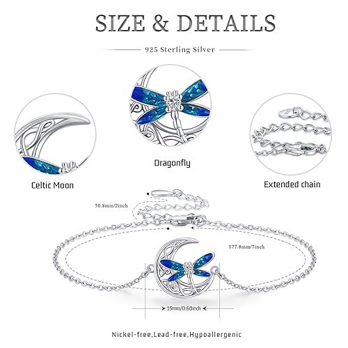 Image of Dragonfly Bracelet 925 Sterling Silver Butterfly Bracelet Adjustable Celtic Moon Bracelet Irish Celtic Jewelry Gifts for Women