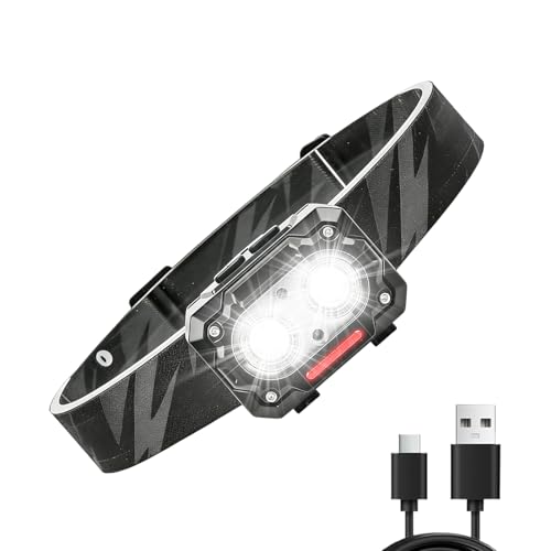 Linterna frontal recargable – Foco LED ajustable, 6 modos de luz LED con sensor de movimiento de luz de advertencia roja, sensor de movimiento LED, luz de casco duro para camping, senderismo, pesca