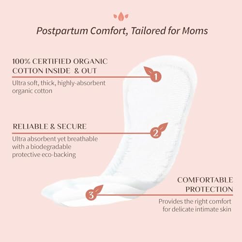 Image of Organyc Hospital Postpartum Pads, 100% Certified Organic Cotton Inside and Out for Women, for First Days After Delivery, 3 Pack of 12 Count
