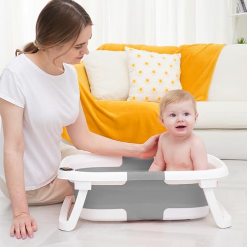 Image of NAPEI Collapsible Baby Bathtub,Baby Bath Tub with Soft Cushion & Thermometer,Baby Bathtub Newborn to Toddler 0-36 Months,Portable Travel Baby Tub,Gray