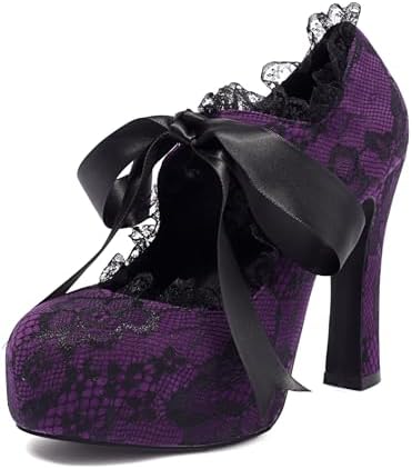 Elerhythm Women's Lace Flower Mary Jane Punk Closed Toe Prom Costume Elegantes Gothic Pumps Vintage Sweet Platform High Heels Shoes
