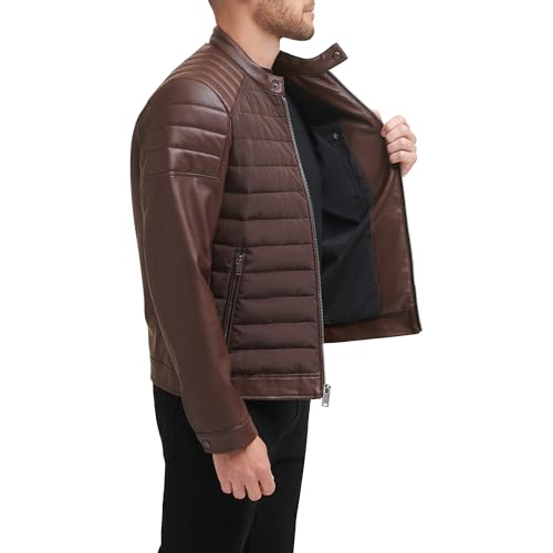 Image of DKNY Men's Mixed Media Faux Leather Puffer Motocross Racer Jacket