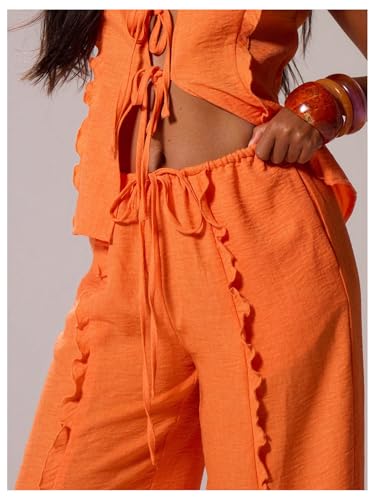 Floerns Women's Summer Frill Trim Straight Leg Pants Drawstring Waisted Beach Trousers4