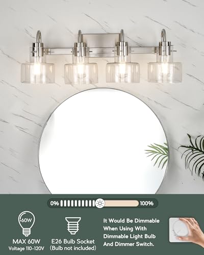 Image of Bathroom Light Fixtures, 4-Light Brushed Nickel Vanity Lights with Clear Glass Shade, 28 Inch Vintage Vanity Lighting Fixtures Over Mirror, VL124-BN-4