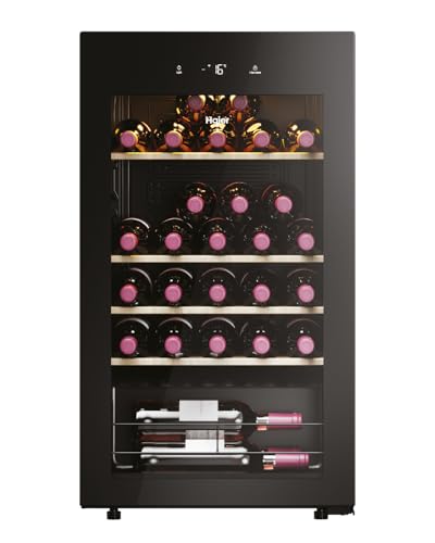 Haier Weinklimaschrank 50 SERIE 3 HWS34GGH1 I Weinkühlschrank für 34 Flaschen I Moderner Wine Fridge mit UV-Glastür & 5 Holzregalen I Wine Cooler mit Wi-Fi & Touch-Display I Vibrationsarme Lagerung