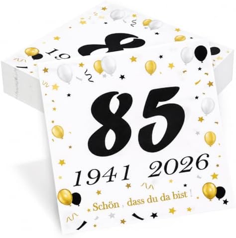 Seutgjie 50 Stück Servietten 85. Geburtstag Jubiläum Tischdeko 1941-2026 | Deko 85 Geburtstag Schwarz Gold Tisch-Deko Party Gedeckter Tisch