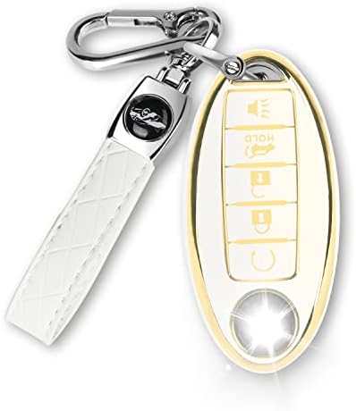 MILD EAST for Nissan Key Fob Cover 5 Button Key with Key Chain, Soft TPU Key Case Shell Full Protection for Altima Armada Maxima Murano Pathfinder Rogue Infiniti, White