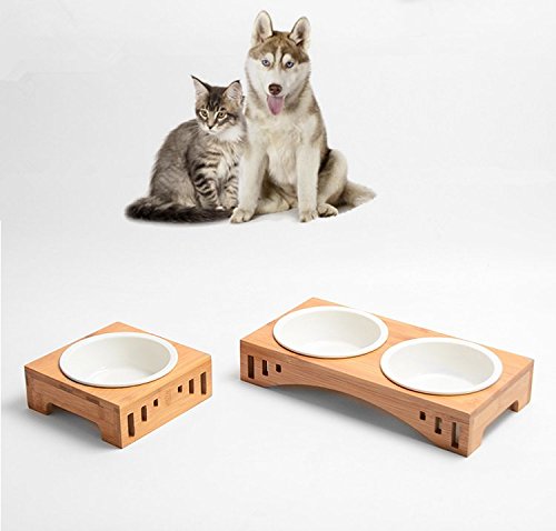 Smith Chu Premium Elevated Pet Bowls, Raised Dog Cat Feeder Solid Bamboo Stand Ceramic Food Feeding Bowl Cats Puppy #TOP6
