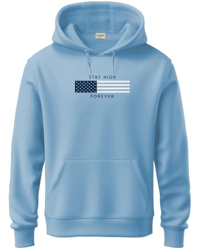 ADRO Men's Printed Hoodie | 320 GSM Cotton Blend Sweatshirt | Regular Fit Winter Wear with Hood | Warm Casual Hoodies for Men |H24-FLAG-SK-L Sky Blue