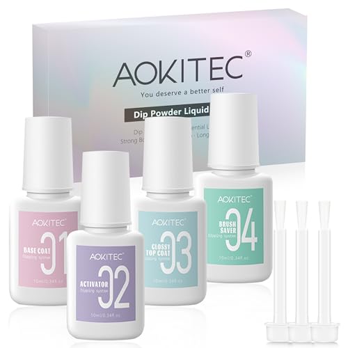 Aokitec Dip Powder Liquid Set, 4*10ml, Dip Base Top Coat Activator Brush Saver with 3 Replacement Brushes for Dipping Acrylic Power, DIY Dipping Acrylic Nails