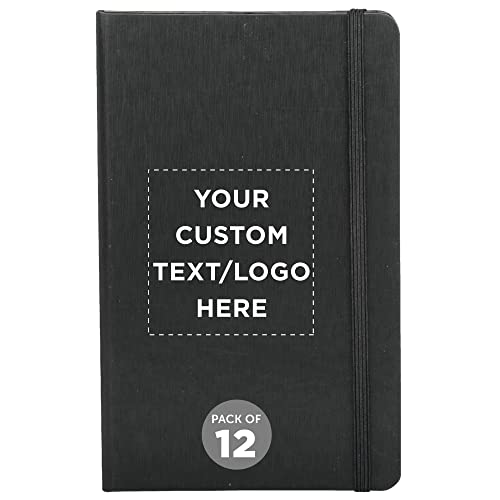 DISCOUNT PROMOS Custom Hardcover Notebook Journals with Elastic Colored Band Set of 12, Personalized Bulk Pack - Perfect for School, Office, Home - Black