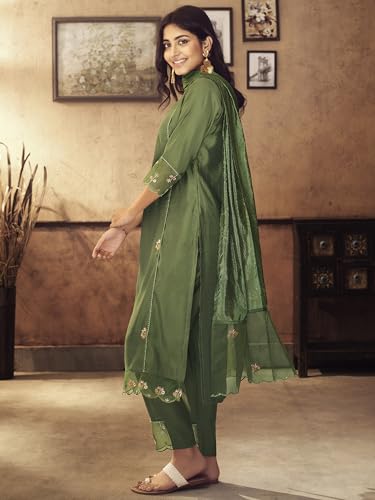 Image of INDO ERA Cotton Blend Women's Embroidered Straight kurta and pant with dupatta set