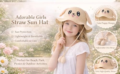 Image of FabSeasons Kids Cute Straw Sun Hat with Moving Ears (Ages 4-8 Years) | UV Protection, Wide Brim, Foldable, Beach Bucket Cap | Girls & Boys Breathable Summer Sun Hat with Inner Adjustable String