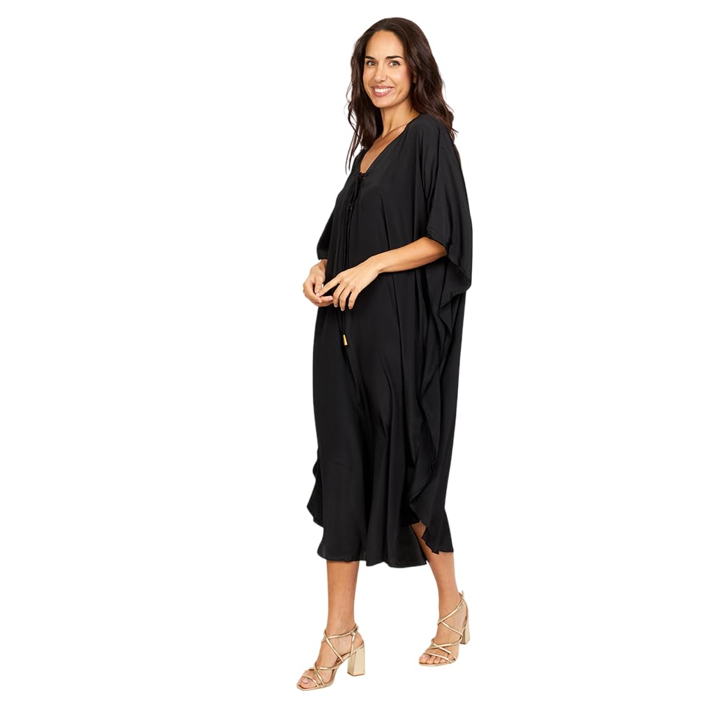 Kaftan de Playa Largo Casual con Cuello V, Detalles de Líneas Decorativas, Estilo Suelto
