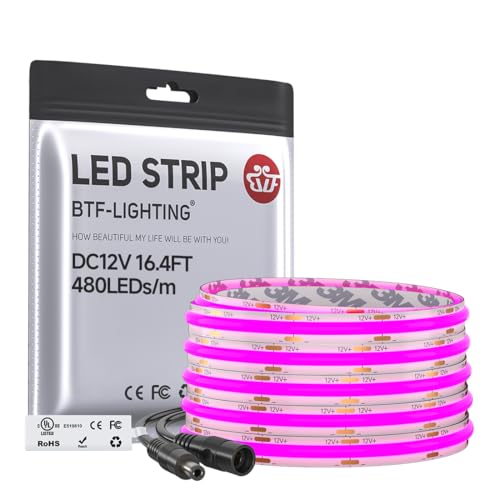 Image of BTF-LIGHTING Purple COB LED Strip Light, UL Listed 480LED /m High Density Uniform Light,16.4FT DC12V 8mm Width 3M Tape Light for Cabinet Bedroom Home Indoor DIY Lighting(No Adapter or Controller)