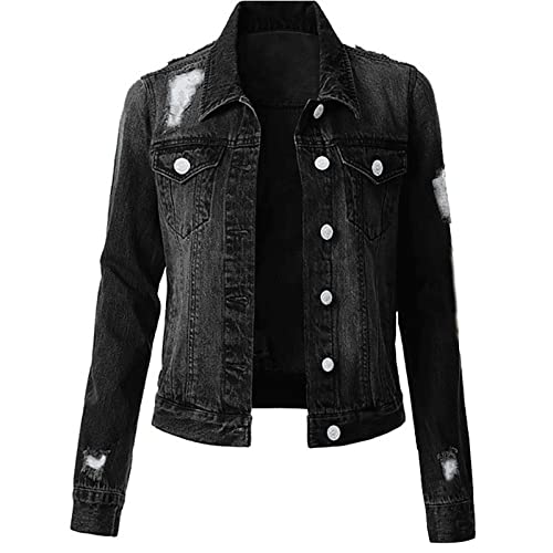 GIFED Denim Jacket for Women, Plus Size Long Sleeve Lapel Jean Jackets Fall Winter Coats Casual Fashion Distressed Outerwear,Women s Classic Button Down Long Sleeve Stretch Fitted Denim Jean Jacket
