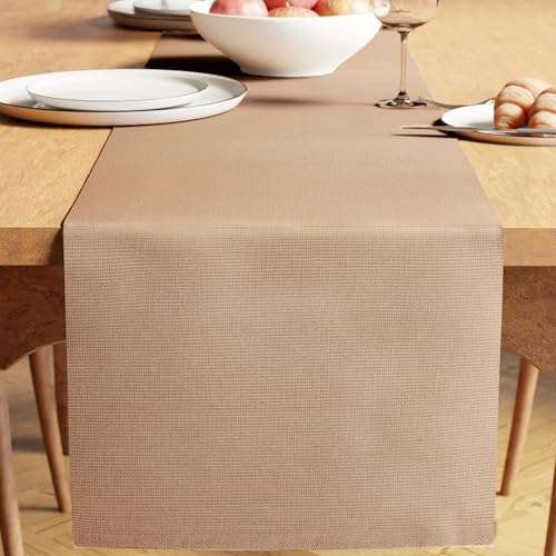 Image of Encasa XO Dining Table Runner for 4 to 6 Seater| Yarn Dyed Fine Ribbed Cotton | Size 32x150 cm | Solid Beige | Machine Washable