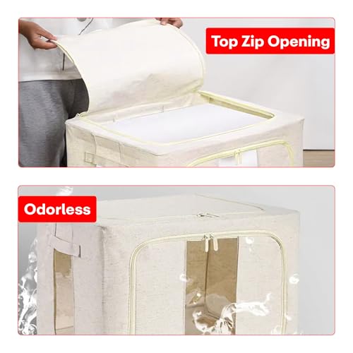 Image of Prime Pick Storage Box Foldable Cotton Jute Cloth Organizer with Transparent window Reinforced Handles Washable Wardrobe Storage for Clothes Almirah Drawer Beige XXL Size Pack of 3