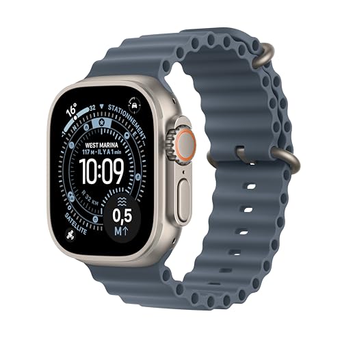 Apple Watch Ultra 3 [GPS + Cellular 49 mm] Montre connectée Course à Pied et Multisport avec boîtier Titane Naturel et Bracelet Ocean Bleu Maritime. Communications Satellite, Suivi santé et activité