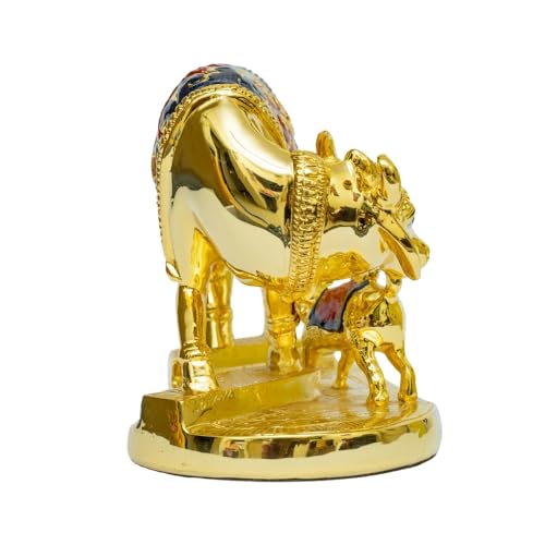 Image of Gold Meenakari Kamadhenu Cow with Calf Idol | Handcrafted Traditional Gold-Plated Holy Cow & Calf Statue | Vastu & Pooja Room Decor | Meenakari Gold Cow Idol | Size 21.5cm x 15cm x 11.5cm