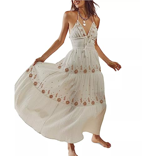 SOOKABEILA Women Backless Flowy Boho Maxi Dress Sexy Strappy Low Cut Long Dress Casual Tiered Summer Vacation Sundress(White,M)