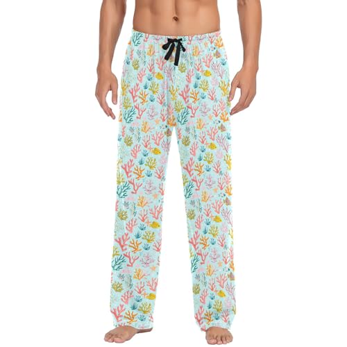 Mens Cotton Pajama Pants Sleep Lounge Pj Bottoms Sleepwear with Pockets Drawstring S Cute Colorful Coral2