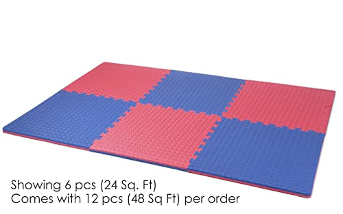 Xspec 1" Extra Thick 48 Sq Ft Reversible Eva Gym Foam Floor Mat Tiles (24" X 24"), Steel Pattern, 12 Pcs, Blue & Red #TOP4