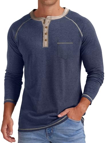 JMIERR Mens Henley T Shirt Long Sleeve Tops Casual Pullover V Neck Tee Shirt Button up Tops with Pocket,Blue,Large