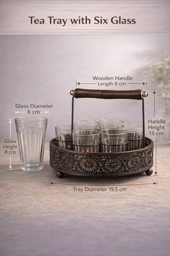 Image of Cutting Chai Glass Set of 6 - Traditional Indian Tea Glasses with Heavy Brown Metal Holder Stand | Tapri Style Chai Cups for Home, Kitchen, Cafe, Restaurant, Dhaba, Office & Tea Stall Use