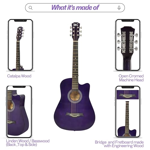 Image of BLUEBERRY, B-38C Acoustic Guitar Kit with Bag, Strap, One Pack Strings And 2 Picks - 38 Inch (Purple)