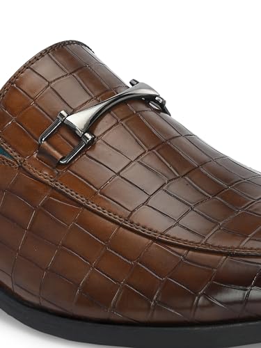 Image of San Frissco Men's Formal Loafers Leatherette Textured Trending Shoes with Buckle,Semi Casual Cushioned Footbed Formal Mules for Party, Slip-On Loafers, Lightweight and Comfortable Shoes