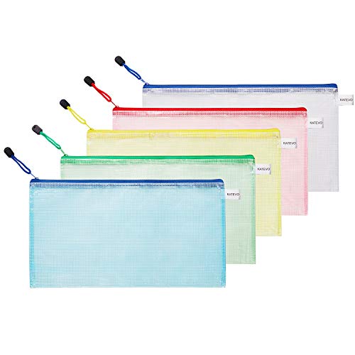 KATEVO B6 Zipper File Bags, 5 Colors Zippered Water-Resistant PVC Bag Storage Pouch for Women, Men Organizer Document, Business Receipts, Cosmetics, Travel Accessories (5 pcs)