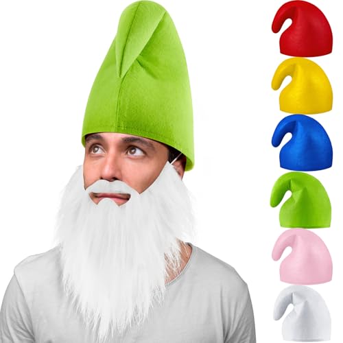 Jadive Zwerg Kostüm Set Zwergenmütze mit Zwergenbart Weißer Bart Karneval Wichtelmütze Weihnachtsmann Zipfelmütze Elfenmütze Lustiges Kostüm Zubehör für Erwachsene Halloween Weihnachtskostüm(Grün)