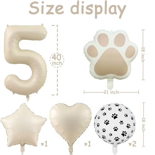 Image of 5th Birthday Dog Paw Balloons Set,18'' Paw Prints, Heart,Star,Paw Shaped Foil Balloon 40 Inch Cream Number 5 Helium balloons for Puppy Themed Third Anniversary Birthday Party Decorations Supplies 6PCS