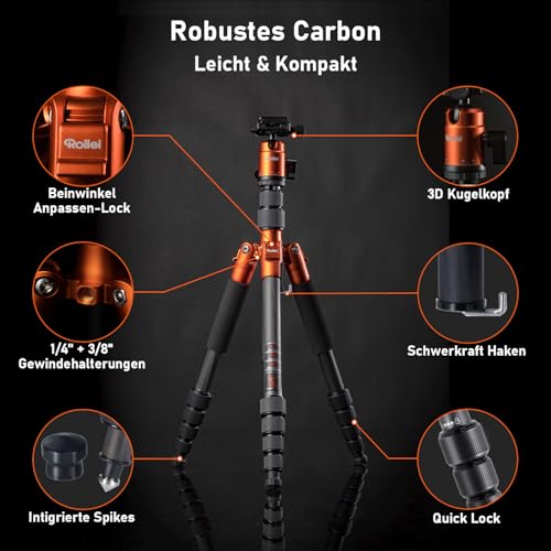Rollei Compact Traveler No.1 Carbon Orange Kamera Stativ 145cm Reisestativ – Ansicht 5