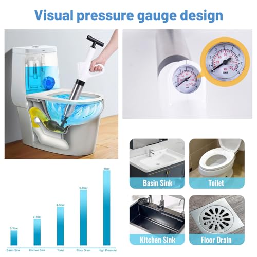 Rohrreiniger Druckluft, Abflussreiniger Pumpe mit Luftdruckanzeige, Pressluft Rohrreiniger mit 4 Saugnäpfen für Waschbecken, Toiletten, Badezimmer, Dusche, Küche
