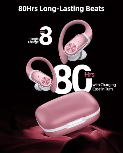 Image of PocBuds Bluetooth Headphones Wireless Earbuds 80hrs Playtime Wireless Charging Case Digital Display Sport Ear Buds with Earhook Deep Bass IPX7 Waterproof Over-Ear Earphones for Phone Laptop Rose Gold