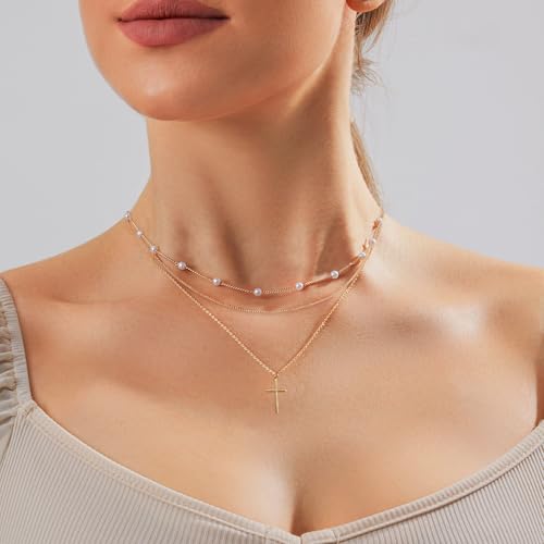 Cross Necklace for Women Gold/Silver Plated Layered Dainty Cross Chain Trendy Choker Satellite Charm Small Crucifix Pendant Gold/Silver Necklace Stackable Hypoallergenic Delicate Gift for Women3