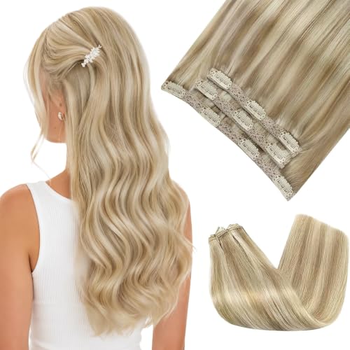 Image of Sunny Hair Clip in Hair Extensions Real Human Hair Blonde Highlight 14inch | Remy Hair for Women Golden Blonde Highlights Light Blonde Everyday Hair Volume for Work & Special Occasions 85g