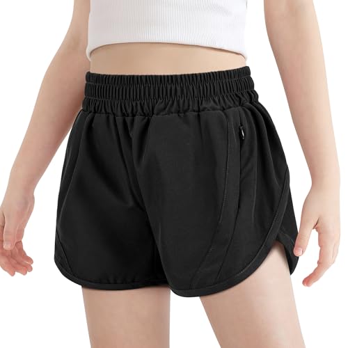 Girls Athletic Shorts Kids High Waisted Active Shorts with Zipper Pockets Running Sports Shorts for Teen Girls