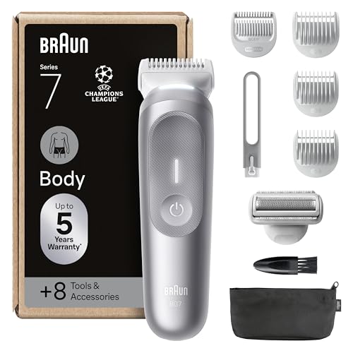 Image of Braun Bodygroomer Series 7, +8 Accessories, with Smartlight & SkinGuard, 100 min Battery, Gentle in Sensitive Areas, Trimming & Shaving with SensitiveTrim Attachment, Waterproof, BG7555, Grey