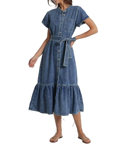 Kedera Summer Button Down Denim Shirt Dresses for Women Maxi Ruffle Short Sleeve Flowy Tiered Beach Sun Dress