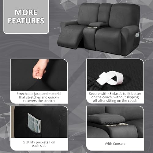 ULTICOR Reclining Love Seat with Middle Console Slipcover, 8-Piece Yarn Dyed Loveseat Reclining Sofa Covers, 2 seat Loveseat Recliner Cover, Thick, Soft, Washable (Black) by ULTICOR - Used condition - Image 3